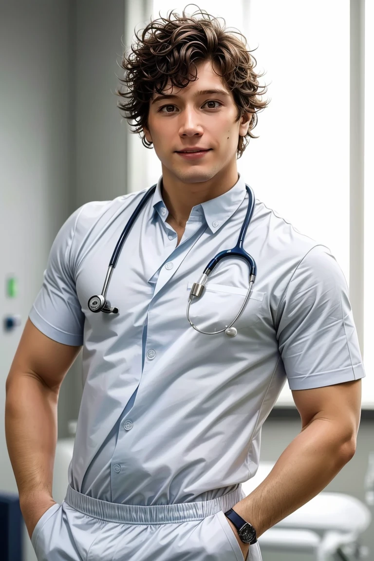 masterpiece, best quality, high resolution, closeup portrait, male focus, solo focus, a young man, blonde hair, 25 years old, not shaved, dimples, pretty and cute face, roman nose, attractive and seductive, half naked doctor, mess hair, very skinny body, undressing the uniform, doctor uniform, bare chest, spreading hairy legs, in a doctor uniform wearing a black underwear, in the background a hospital room, amazing composition, front view, HDR, volumetric lighting, ultra quality, elegant, highly detailed