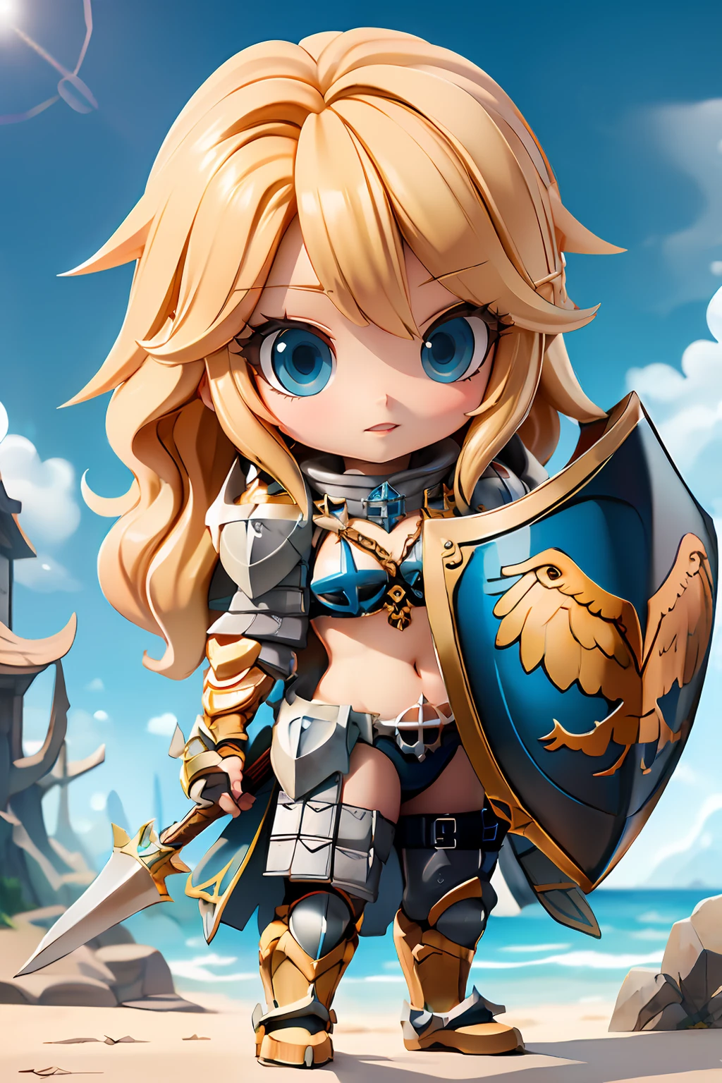 (masterpiece, best quality), chibi, 1girl, blonde hair, blue eyes, ragnarok_online_rg,  (bikini armor:1.2), sexy, <lora:ragnarok_online_rg-10:1>, cowboy shot, looking at viewer, holding shield, shield, royal capital, outdoor, cartoon rendering