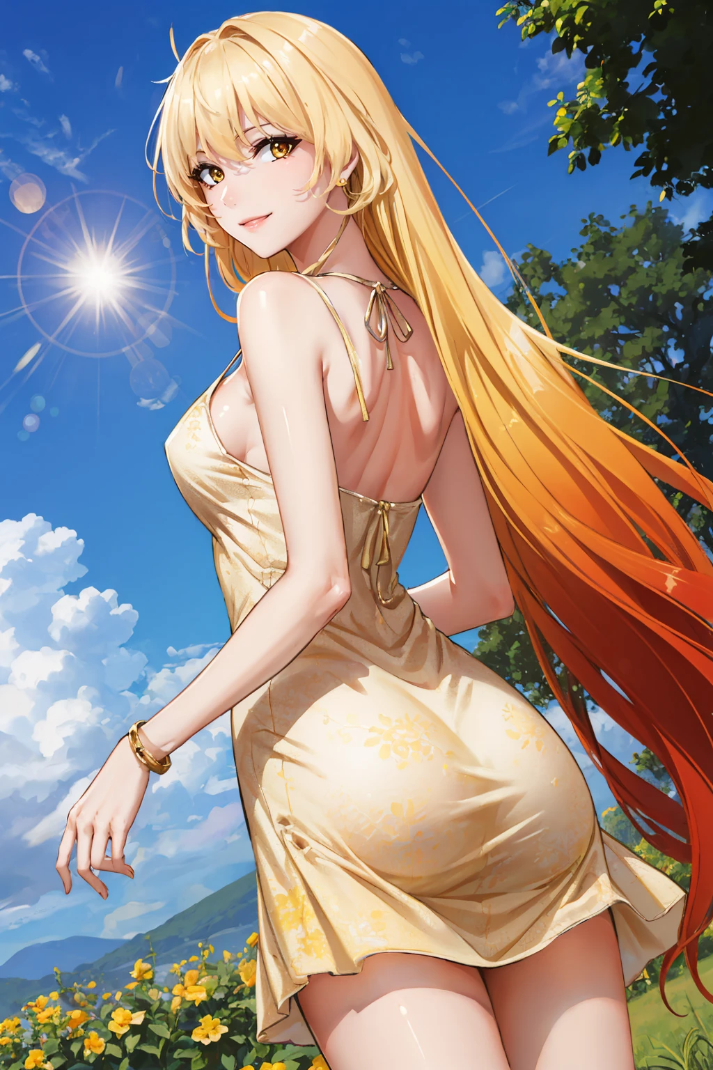 masterpiece, best quality, <lora:sunsensei-nvwls-v1-000008:0.9> sunsensei, gradient hair, bracelet, large breasts, (yellow sundress:1.4), from behind, lens flare, garden, smile, blue sky