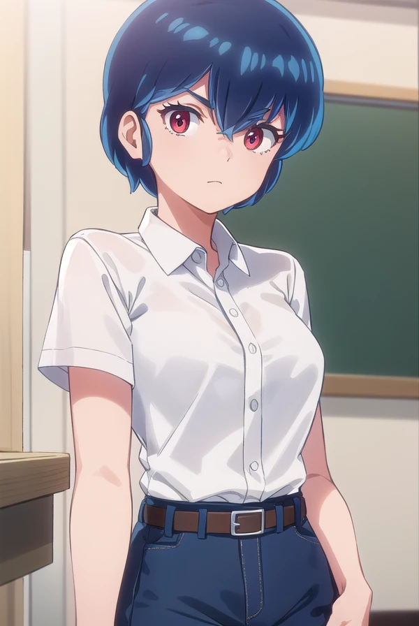 ryuunosukefujinami, <lora:ryuunosuke fujinami s1-lora-nochekaiser:1>,
ryuunosuke fujinami, short hair, blue hair, (red eyes:1.2),
BREAK shirt, school uniform, (white shirt:1.5), short sleeves, collared shirt, belt, pants,
BREAK indoors, classroom,
BREAK looking at viewer, (cowboy shot:1.5),
BREAK <lyco:GoodHands-beta2:1>, (masterpiece:1.2), best quality, high resolution, unity 8k wallpaper, (illustration:0.8), (beautiful detailed eyes:1.6), extremely detailed face, perfect lighting, extremely detailed CG, (perfect hands, perfect anatomy),
