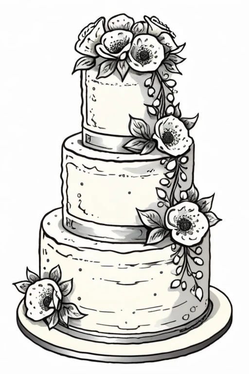 pen and ink illustration of a three tiered traditional white wedding cake by cooking show
<lora:Baking_Illustration:1>
