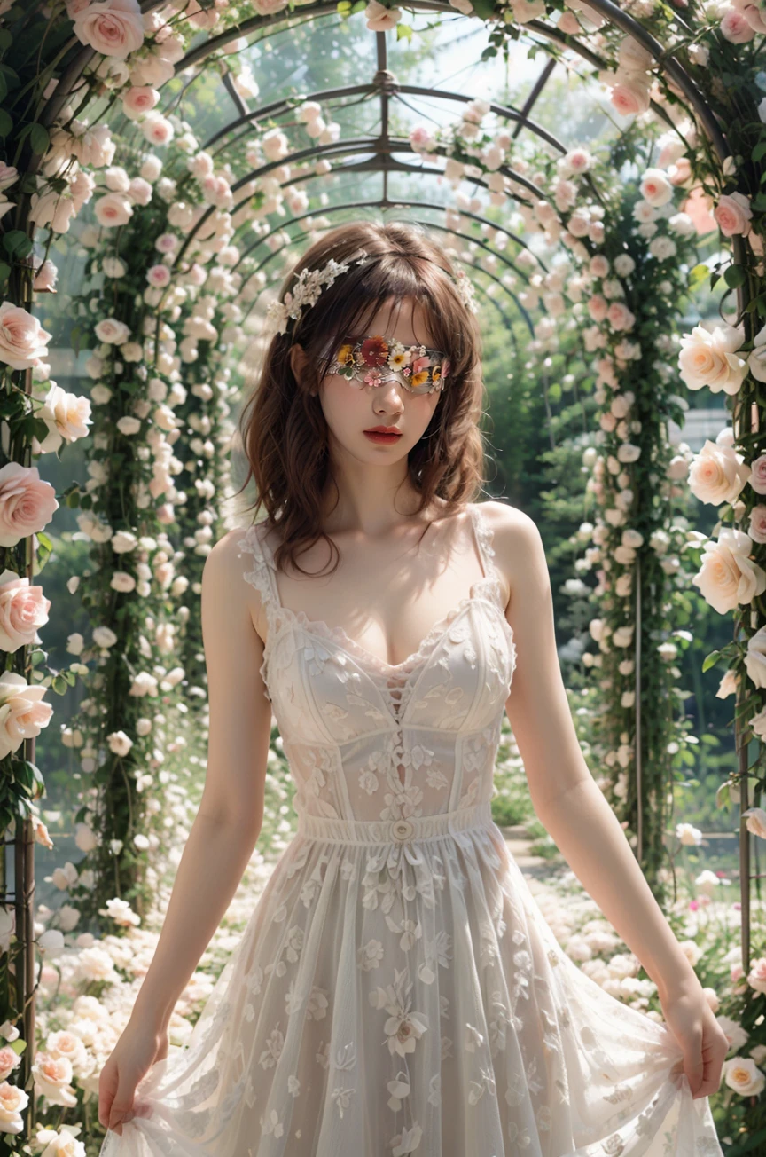 photography,(a holy and beautiful girl:1.2),(goddess:1.2),(wearing a white wedding dress:1.1),(pygal:1.2),cleavage,(bustle:1.1),(ultimate elegance:1.3),headdress,happiness,smile,
<lora:Flower Tunnelè±å¼ç漫æ¶_v1.0:0.7>,Flower Tunnel,brilliant roses,(rim light:1.1),, (masterpiece:1,2), best quality, masterpiece, highres, original, extremely detailed wallpaper, perfect lighting,(extremely detailed CG:1.2ï¼