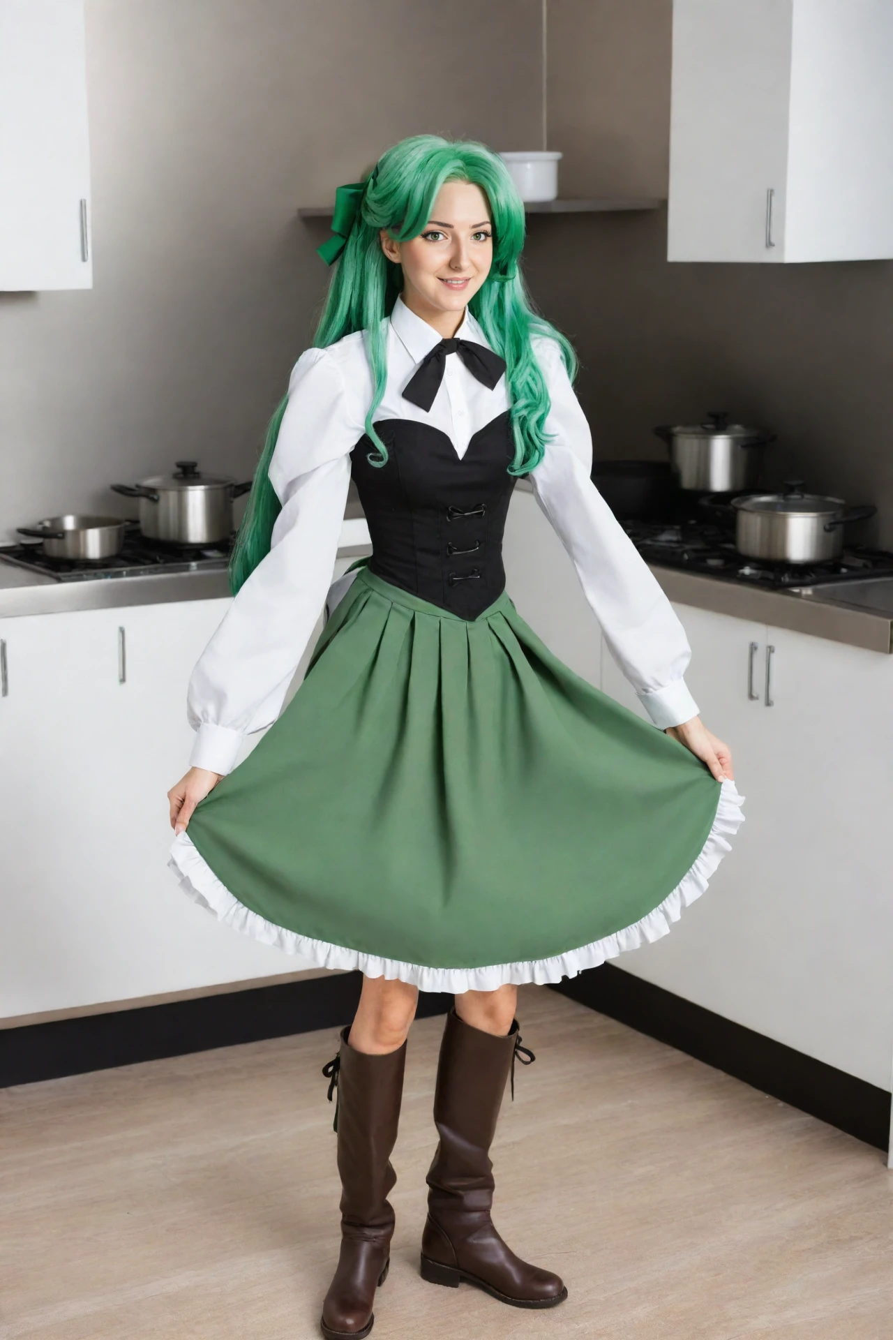 <lora:lcm-lora-sdxl:1> <lora:fiaa-000045-antes:0.75> full body shot, 21yo, adult woman, long green hair, ribbon on hair, white shirt with puffy long sleeves, strapless black vest, fingerless mittens, brown boots, long green skirt, bare legs, cooking food, working as a cook, inside a modern kitchen, a modern kitchen in the background