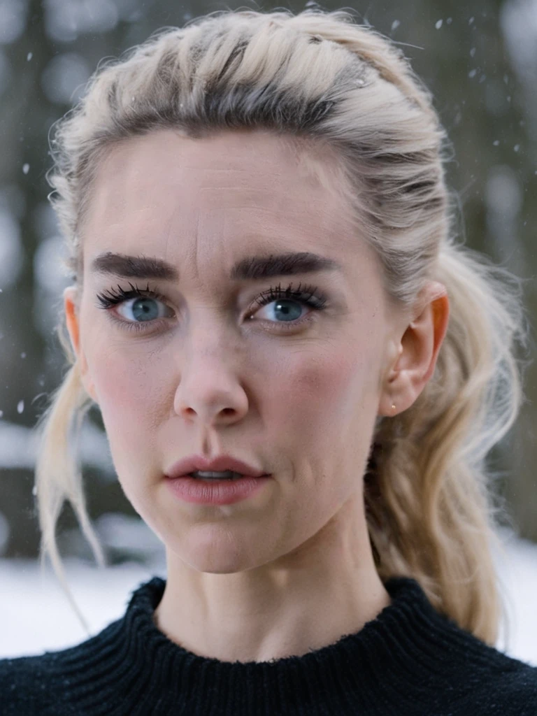 Vanessa Kirby standing in the snow wearing a black sweater dress, blonde pony tail <lora:Vanessa Kirby-000004:0.8>
