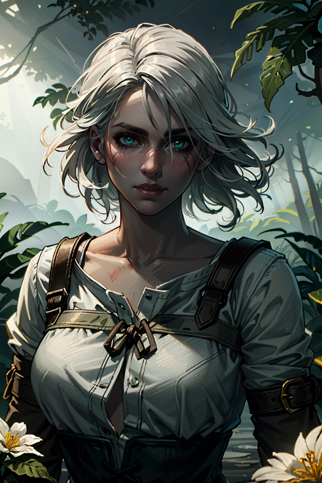 ((ultra detailed, masterpiece, best quality))
<lora:W3Ciri:0.8>
W3Ciri, 1girl, solo, white hair, green eyes, scar on face, in lush jungle with flowers