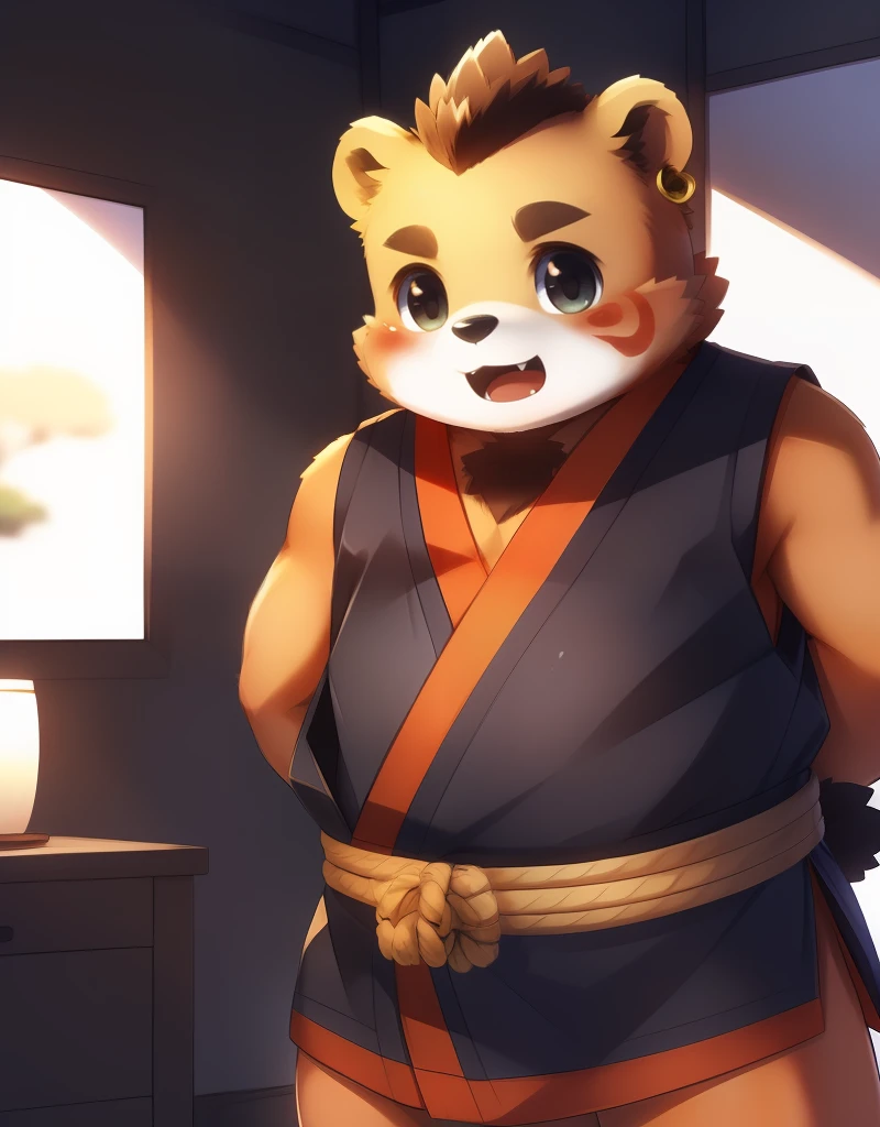 (((detailed eyes, detailed face))), (bara, oosumi <lora:character_oosumi_findigo_v2:1>, bear, facial mark, tattoo on face, earring, black eyes), male, (solo), (plump, fat, chubby, overweight), (black kimono, sleeveless, rope belt), standing, (arms behind back), smile BREAK (konzaburou, ukan_muri, cute), bedroom, (soft shading), 8k, UHD, masterpiece, (full body)