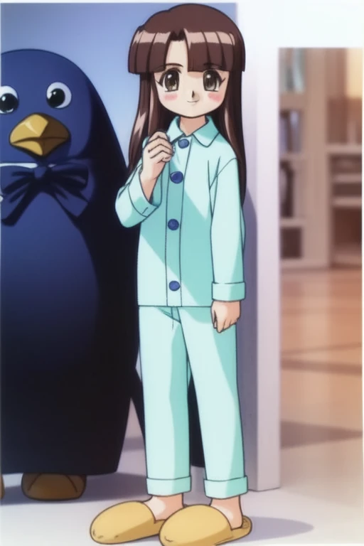 <lora:SakuraiMiyuri:1> SakuraiMiyuri, 1girl, solo, pajamas, full body, smile, penguin, stuffed penguin, brown hair, stuffed toy, long hair, simple background, slippers, white background, long sleeves, standing, stuffed animal, brown eyes, holding, bangs, bird, blush, looking at viewer