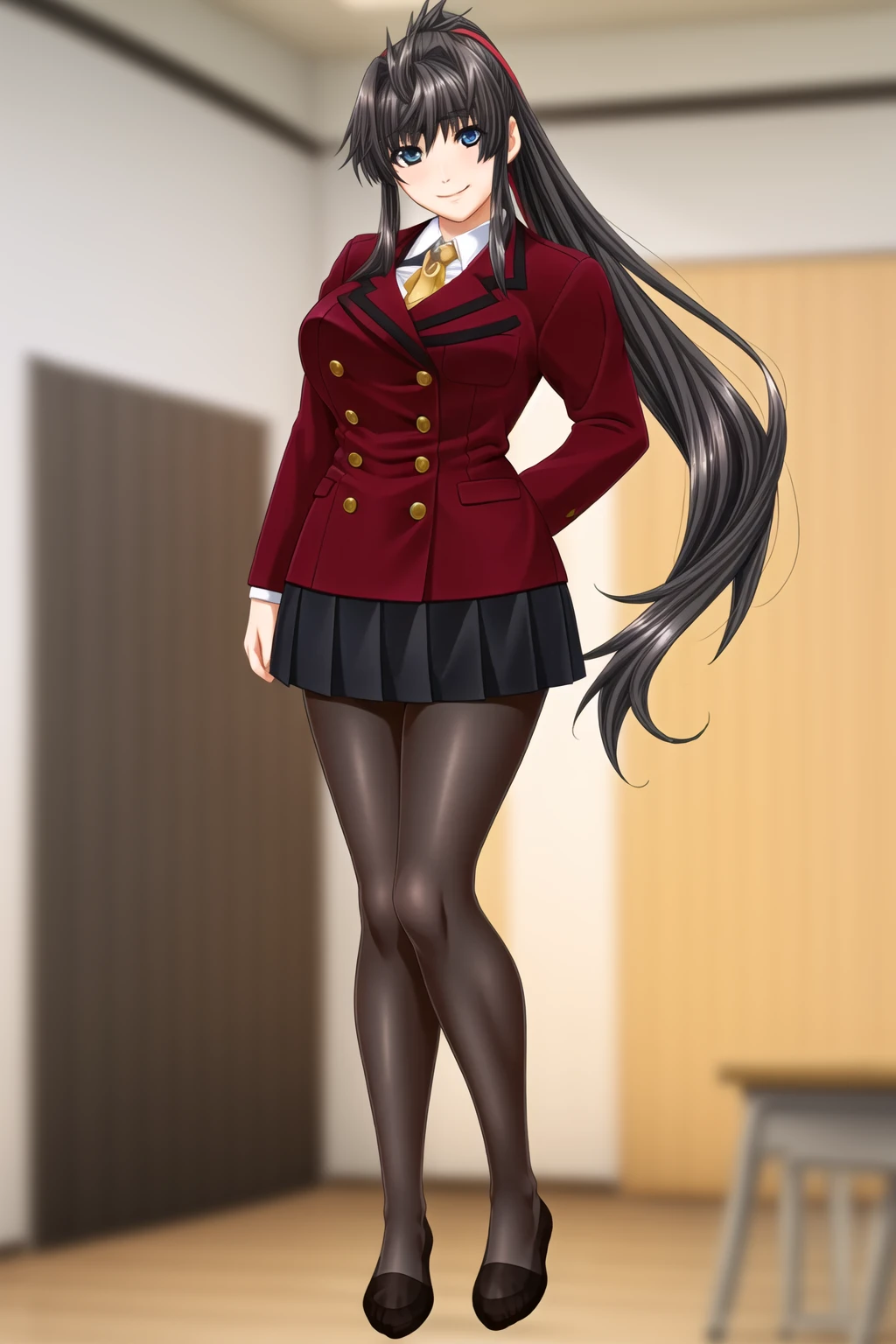 <lora:Sakuraooji_Yuuna_lora:0.7>, long_hair, blue_eyes, black_hair, (huge breasts), high ponytail,
best quality, (8k), (4k),(Masterpiece), (Best Quality), extremely detailed, intricate, hyper detailed, (perfect face), illustration,
Beautiful body,Beautiful Nose,Beautiful character design, perfect eyes, perfect face,
(1girl), bishoujo, (full body:1.3), indoors, student, classroom, solo,
long sleeves, (school uniform), (black pantyhose:1.2), (pleated_skirt),
(standing), smile, closed mouth, looking at viewer, very long hair,