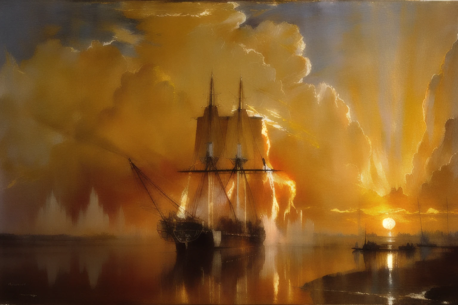 constitution, frigate, ((in the style of turner)), oil painting, fiery sunset,