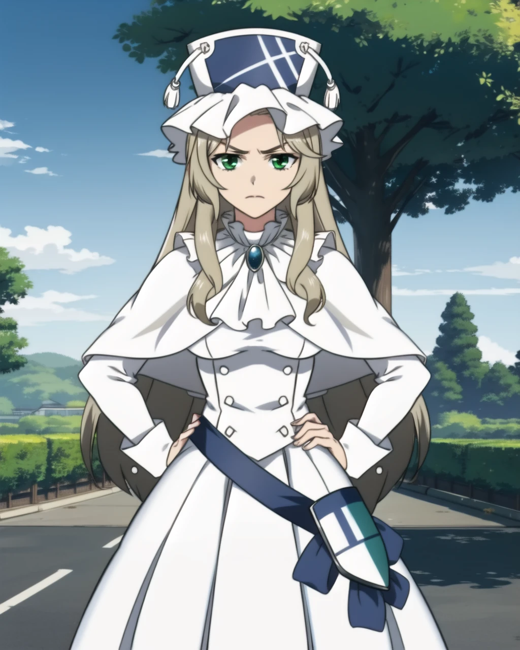 masterpiece, high quality, pmmmorikomagi, 1girl, green eyes, looking at viewer, standing, blonde hair, long hair, white dress with long puffy skirt, decorative shield on skirt, medium shot, upper body, outdoors, street, hands on hips, serious, detailed hands, high white hat with two tassels, long sleeves, shawl on shoulders, <lora:pmmmorikomagi_v2-000007:0.75>