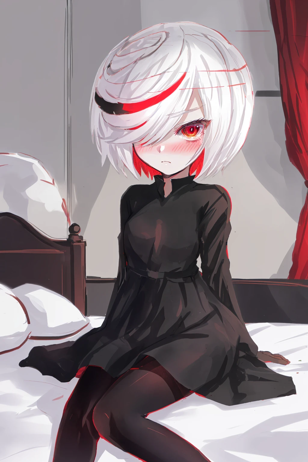 sthsage, child, short hair, white hair, multicolored hair, hair over one eye, red eyes, black dress, black pantyhose, lying, embarrassed, blush, bedroom <lora:sage-v6:1>
