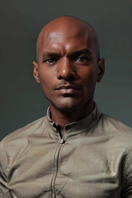 <lora:rhyheimsv3:1> rhyheims, black man, bald, dark skin, brown eyes, professional studio quality modeling headshot, 4K, simple dark background, dramatic lighting, neutral expression, realistic skin, fine detail, shirt, ultra realistic photograph, professional photograph, by Gucci photographer.