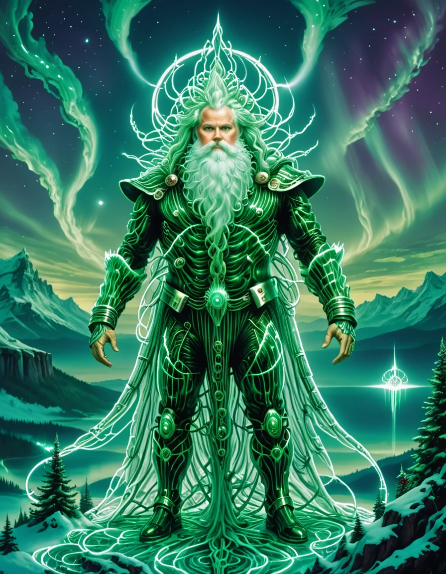 an AI Santa Overlord, Majestic landscape, glowing northern lights, ethereal figures, surreal experience, in the style of H.R. Giger