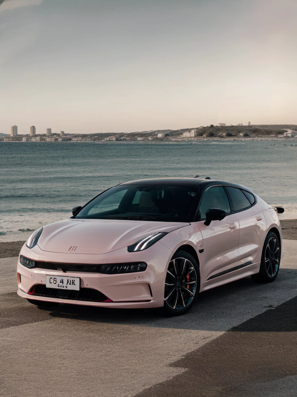 zeekr001, 1car, white  car, seaside, sun, pink sky, aesthetic, vechicle focus,professional photo ,  natural light,  highly detailed,detailed textures, wide angle, 8k, HDR, professional photoshoot, high quality photo, realistic photo, realistic shadows, detailed shadows, realistic proportions,film grain, raw photo, (raytracing), <lora:Zeekr001:0.7>, slate atmosphere, cinematic, dimmed colors