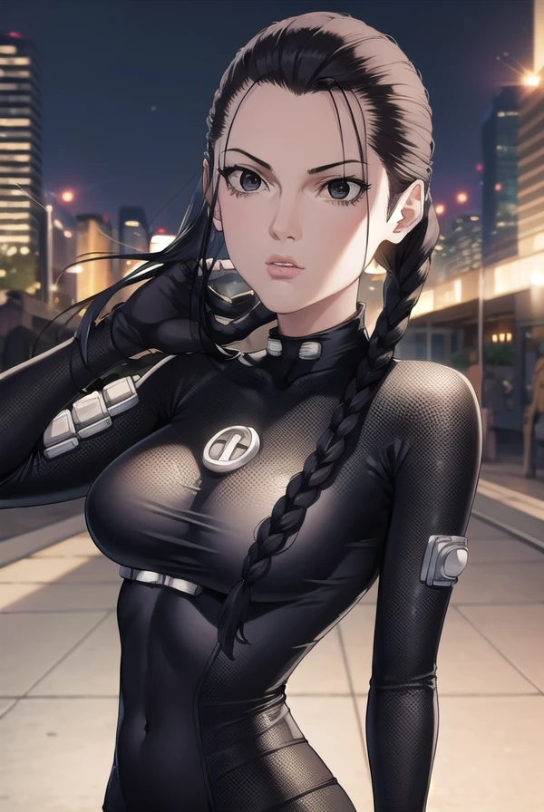 seisakuraoka, <lora:sei sakuraoka manga-lora-nochekaiser:1>,
sei sakuraoka, braid, black hair, (black eyes:1.5), single braid,
BREAK bodysuit, black bodysuit
BREAK outdoors, city, night, sky, starry sky, moon,
BREAK looking at viewer, (cowboy shot:1.5),
BREAK <lyco:GoodHands-beta2:1>, (masterpiece:1.2), best quality, high resolution, unity 8k wallpaper, (illustration:0.8), (beautiful detailed eyes:1.6), extremely detailed face, perfect lighting, extremely detailed CG, (perfect hands, perfect anatomy),