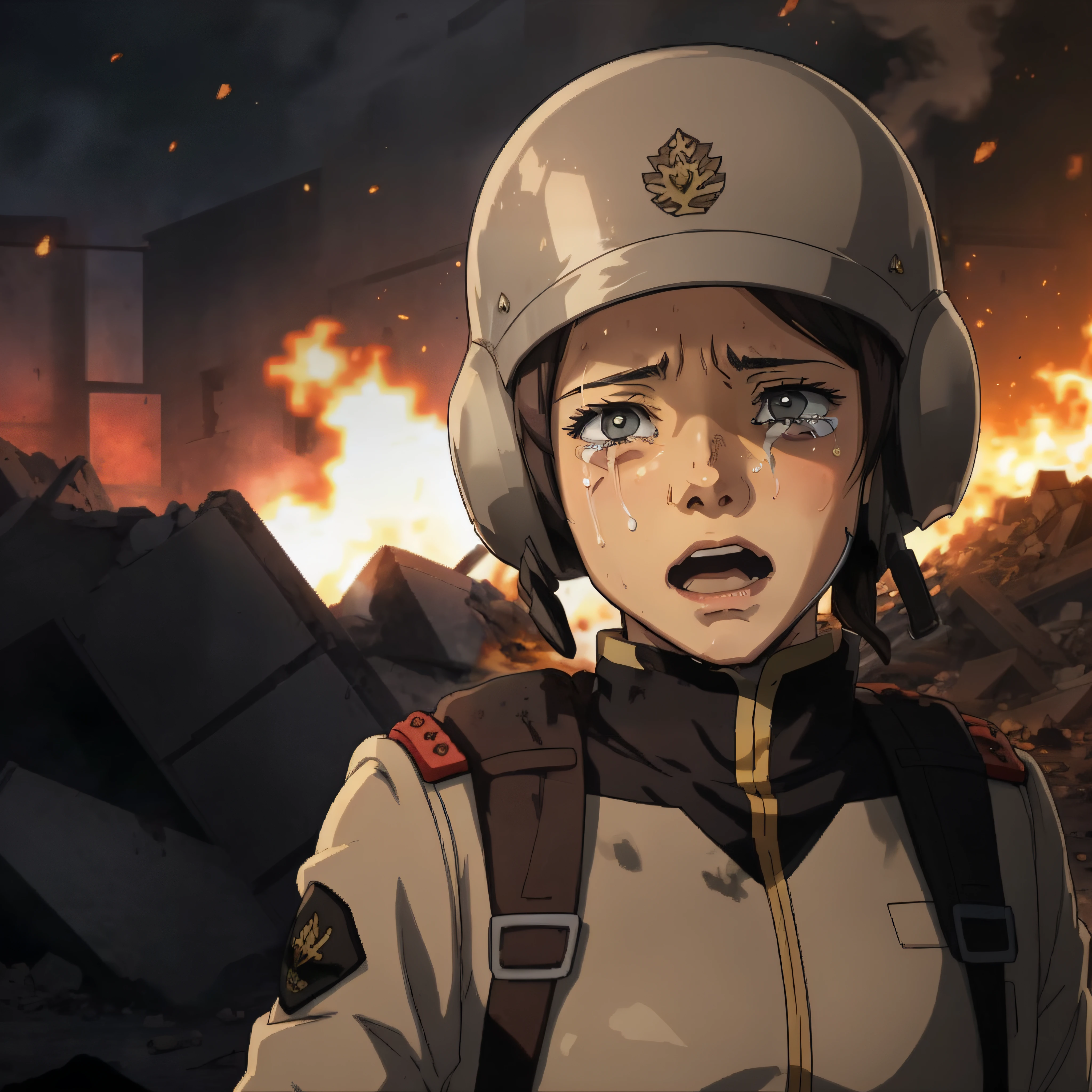 anime, cinematic, <lora:eff soldier:0.8>, eff soldier, uniform, helmet, woman, rubble, smoke, aftermath, crying, close up