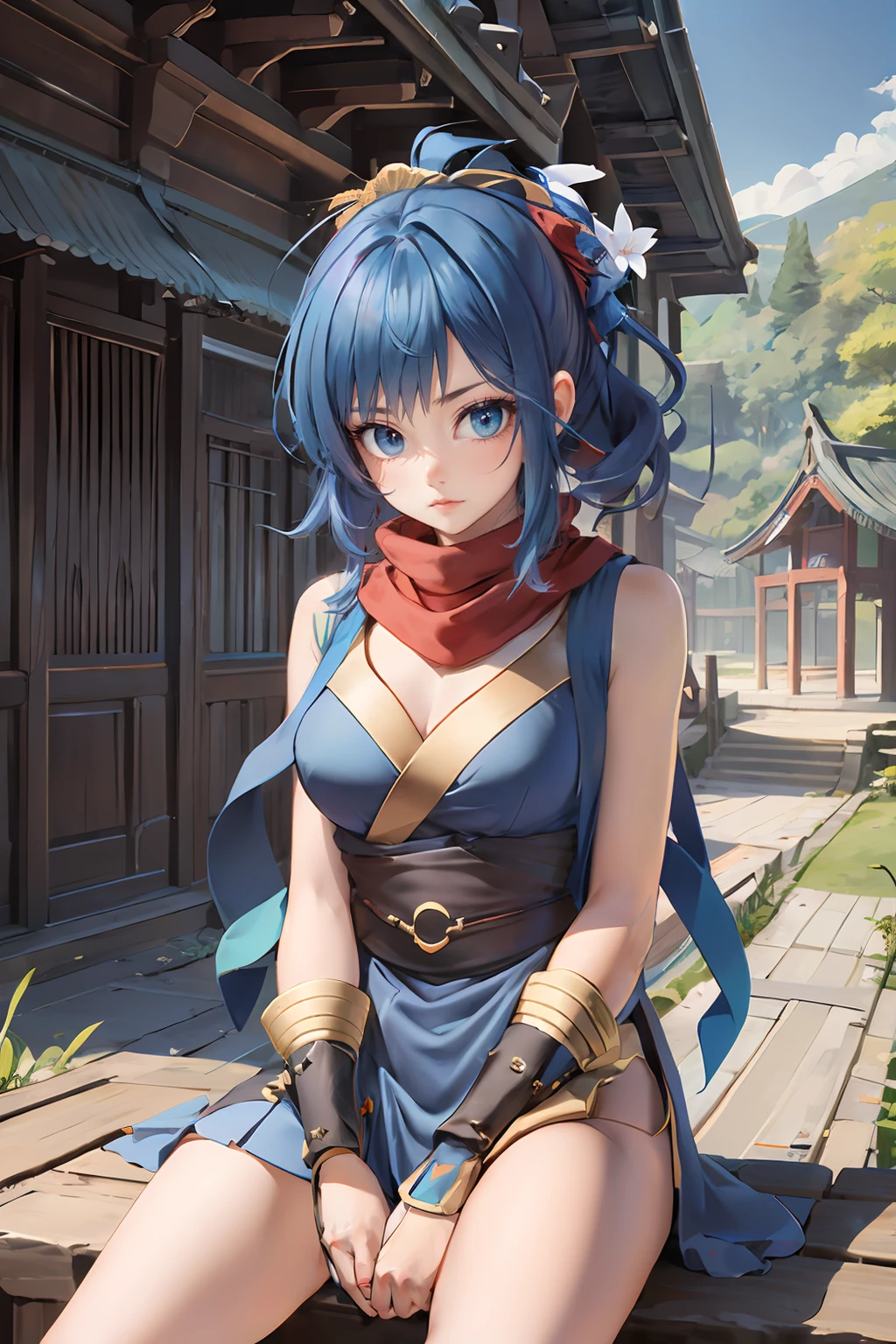 (masterpiece, best quality), 1girl, ragnarok_ninja, blue dress, red scarf, cowboy shot, sitting, crossed legs, east asian architecture background, <lora:ragnarok_ninja:1>, <lora:GoodHands-vanilla:1>