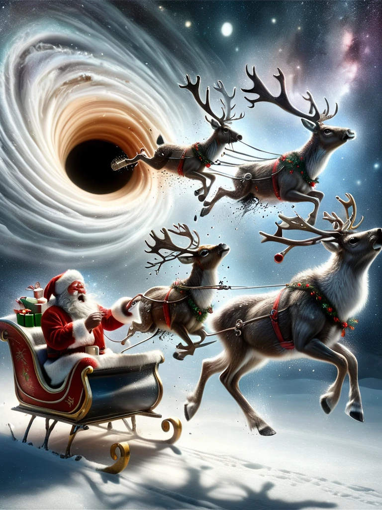 reindeer with screaming santa on a sleigh ral-santasleigh getting sucked into ral-blackhole, stardust, dissolvoing, torn appart <lora:ral-blackhole:1> <lora:ral-santasleigh:0.48>