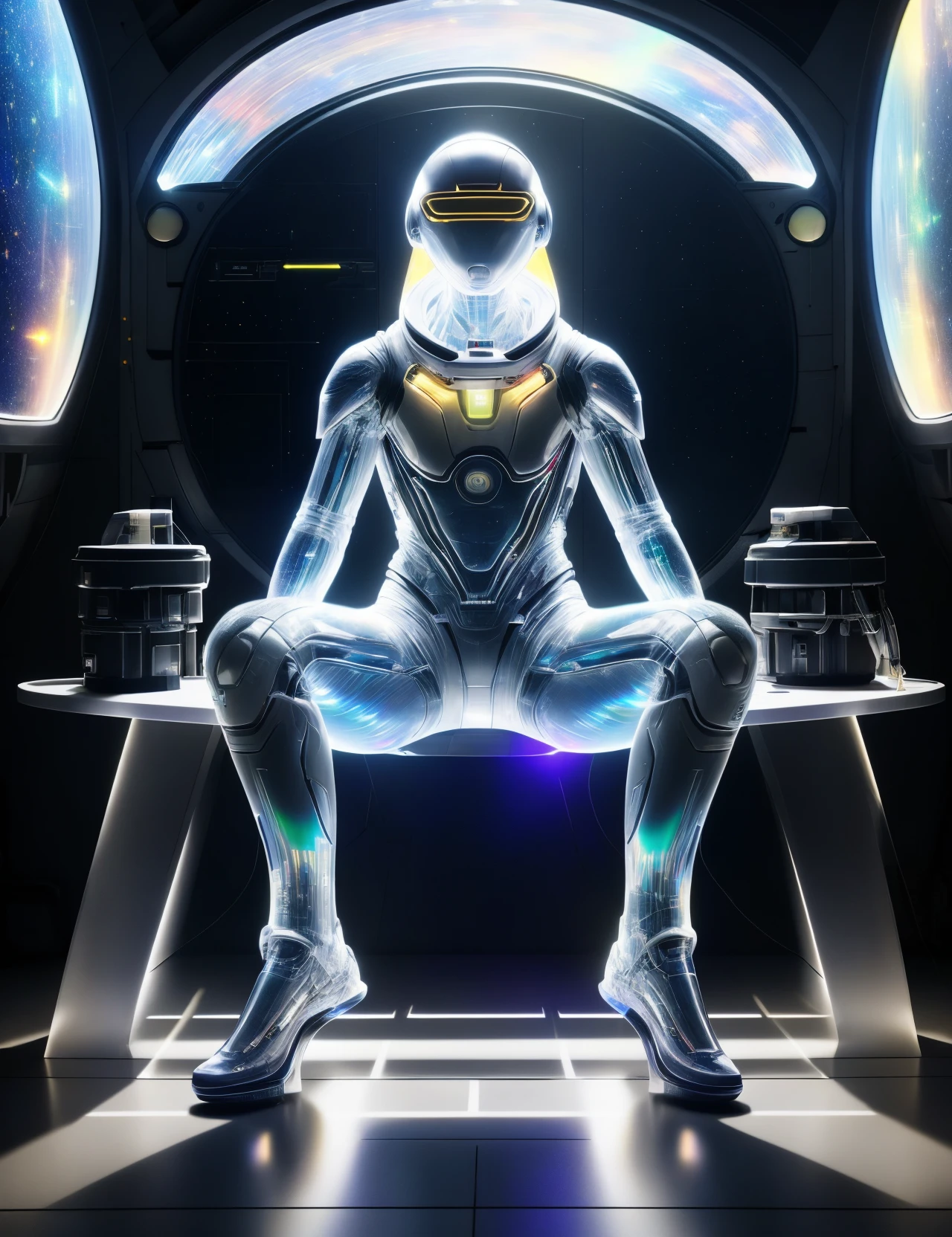 hyper detailed masterpiece, dynamic, awesome quality,DonMSp3ctr4l,vibrant spectral,male artificial intelligence specialist, retirement age robust, south asian, honey eyes, blunt jaw, shapely neck, , silver blonde mid fade hair, trust, assumed position for advanced hand-to-hand combat., wearing carbon-fiber dress slacks, haptic feedback henley, solar-powered dress sandals, virtual reality beret, , crouching or leaning against a wall, ready for stealthy maneuvers., led displays, space station interiors, futuristic living quarters and communal areas, holo-screens, alien planet exploration, harsh environmental conditions like acid rain or radiation <lora:DonMSp3ctr4l-000008:0.8>