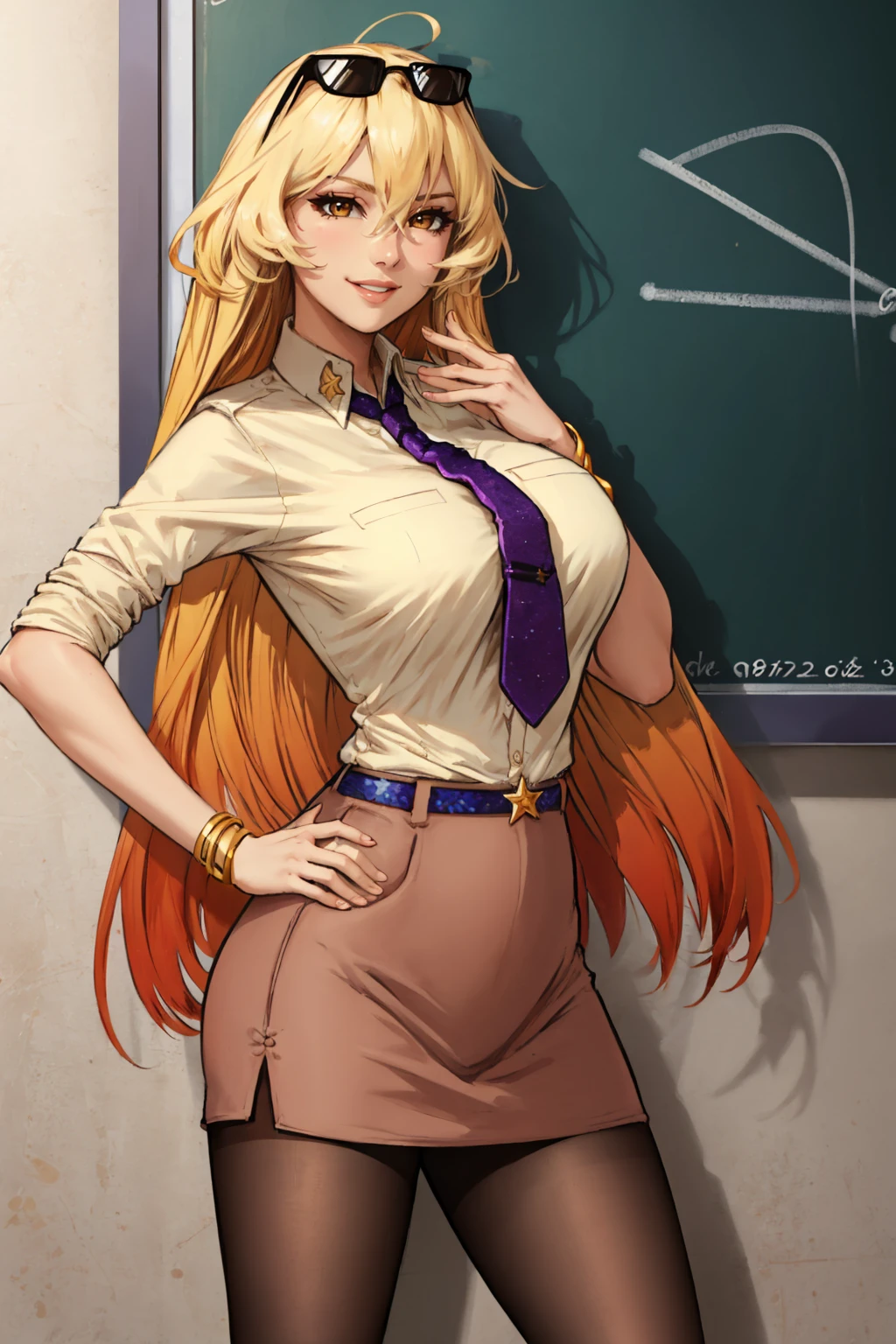 masterpiece, best quality,  <lora:sunsensei-nvwls-v1-000008:0.9> sunsensei, gradient hair, sunglasses, eyewear on head, collared shirt, sleeves rolled up, necktie, brown skirt, belt, pantyhose, bracelet, large breasts, chalkboard, standing, cowboy shot, smile, hand to hip