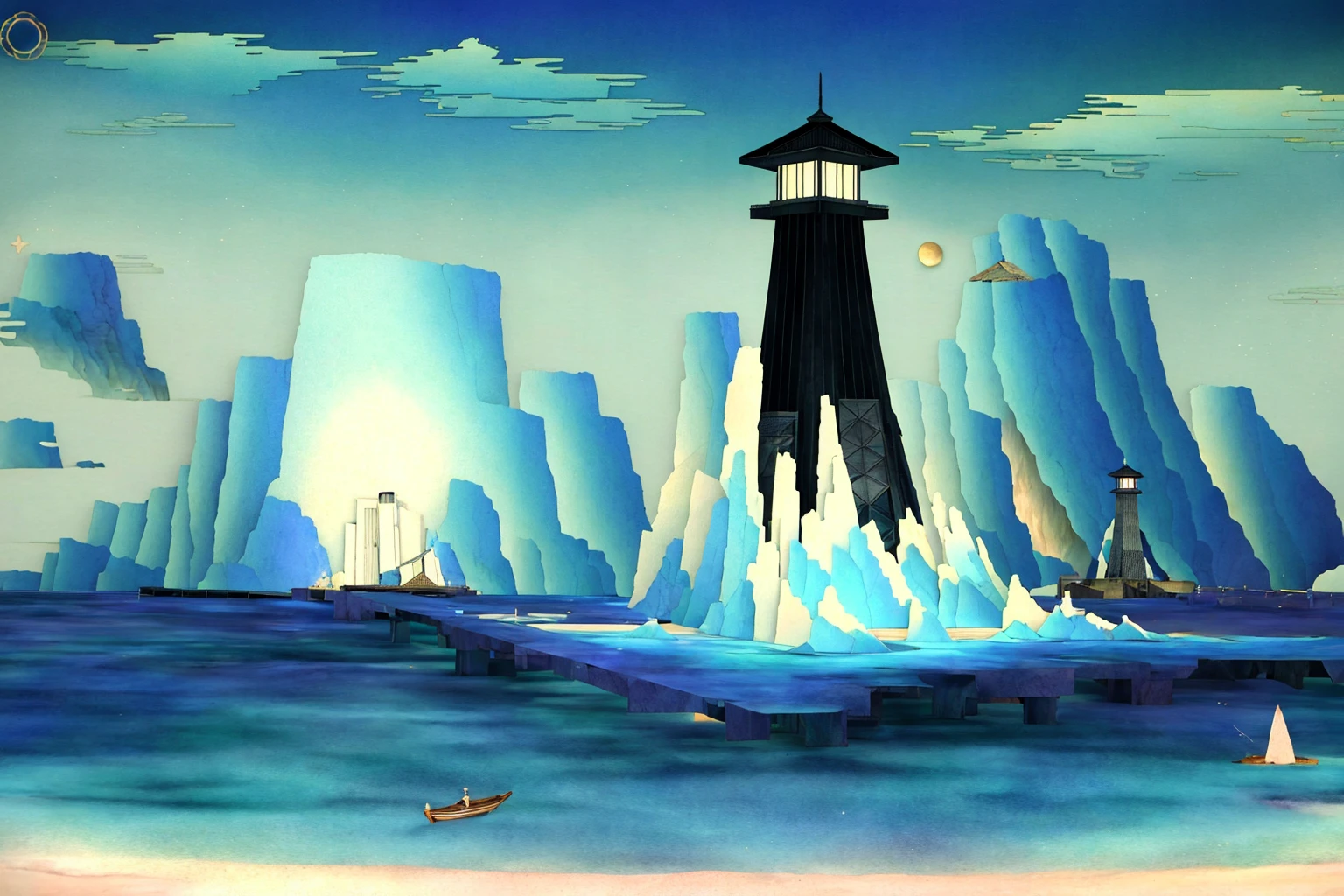 masterpiece, ultra-detailed, best quality, illustration, 8k cg wallpaper, an extremely delicate and beautiful, stunning landscape, beach, lighthouse, moon, stars, clouds, intricately detailed items in background, <lora:Tengami:1>