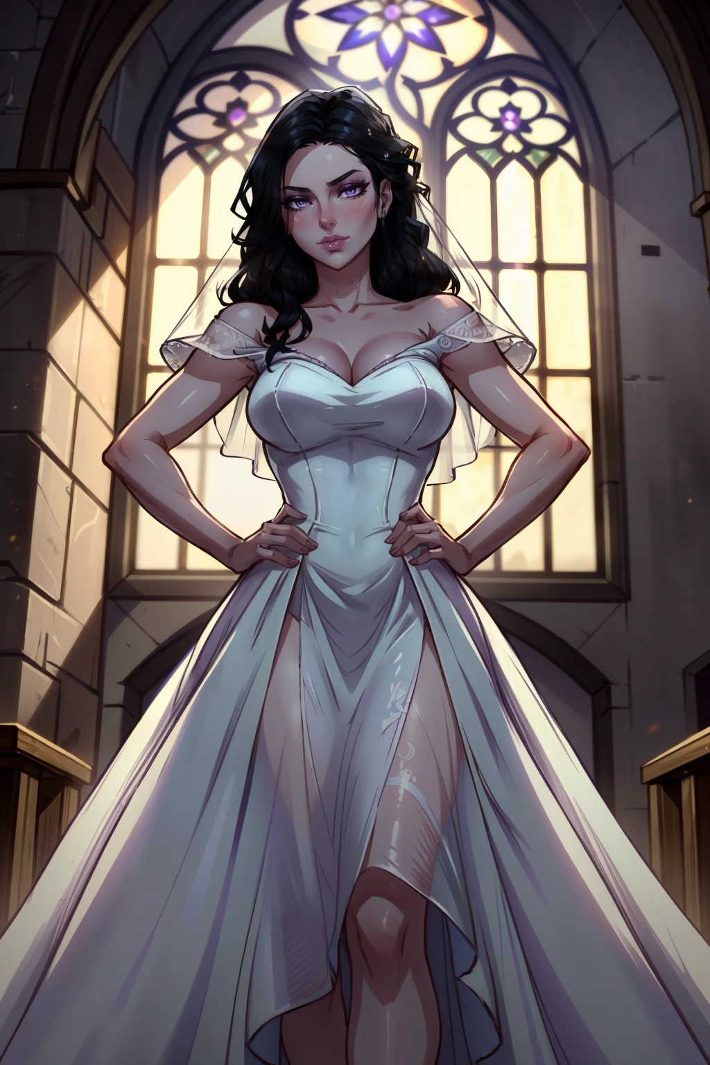 ((ultra detalhado, Obra de arte, melhor qualidade))
W3Yennefer, 1 garota, Sozinho, olhos roxos, vestir, wearing a stunning wedding vestir, bridal veil, dentro de uma bela igreja, with your hands on your hips