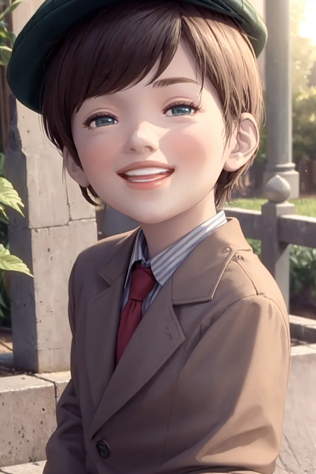 masterpiece, best quality, highly detailed, (perfect lighting, photorealistic:1.5), 1boy, mannequin, <lora:Mikey_Fuccon_v1-000185:0.8>, (upper body, closeup:1.5), standing, residential street, blue suit jacket, necktie, blue shorts, green striped socks, black shoes, multicolored clothes, multicolored legwear, big smile, teeth, blue eyes, green hat, forehead, short hair, (open mouth:0.3),