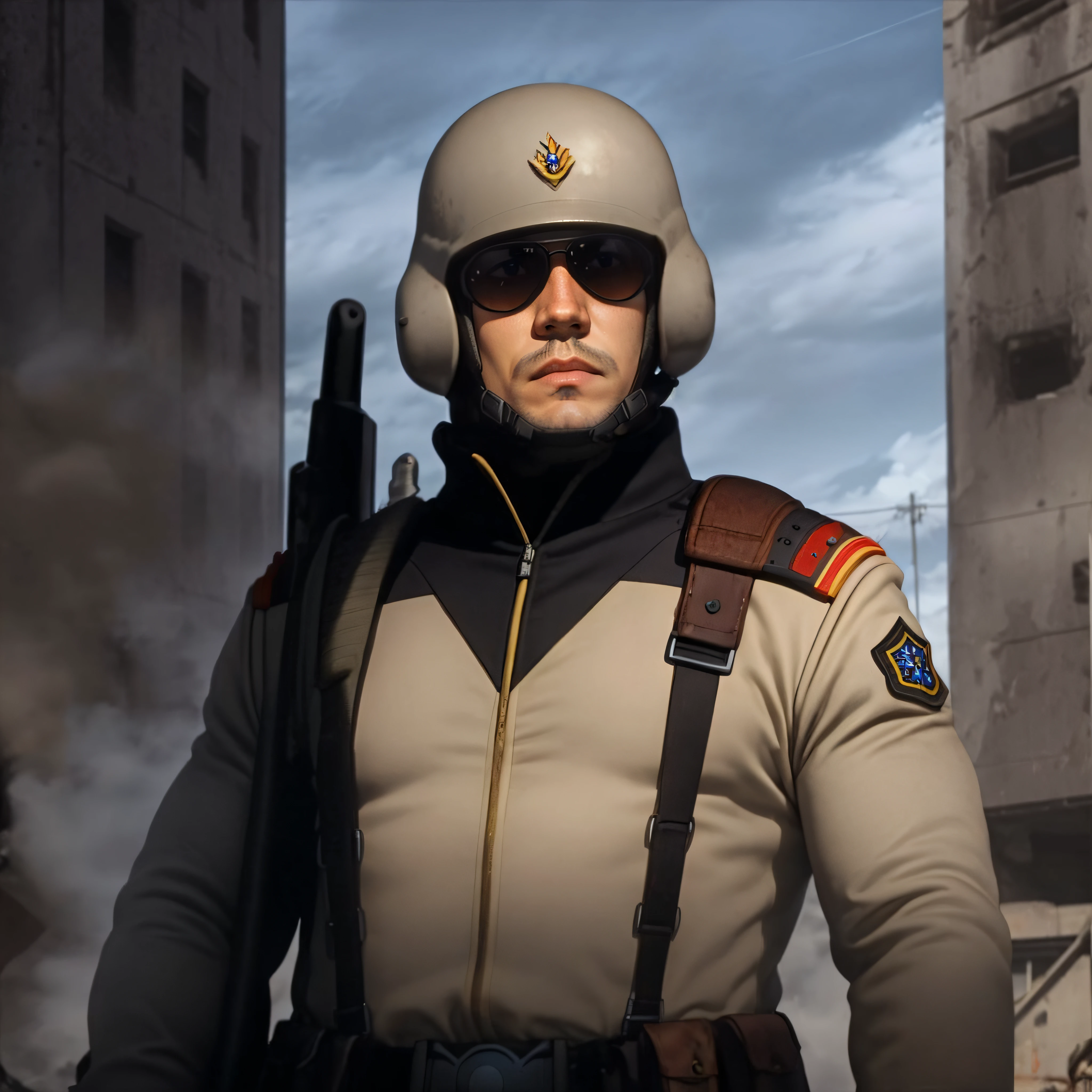 photorealistic, cinematic, <lora:eff soldier aam:0.8>, eff soldier, uniform, man, helmet, war