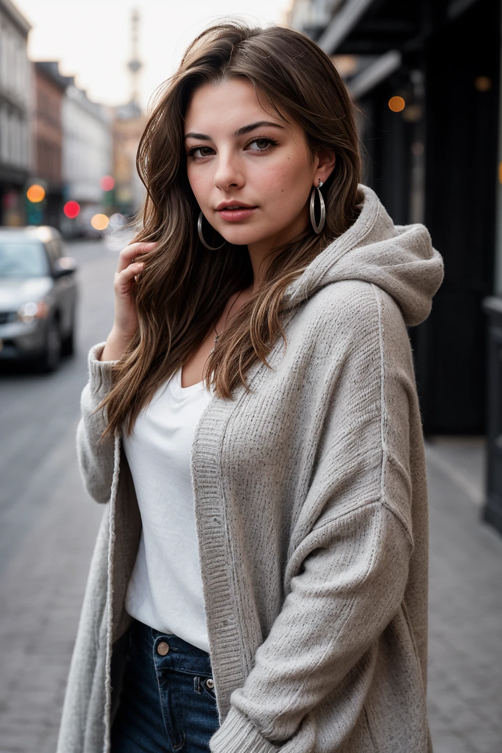 photo of (EPL3n4L0UU:0.99), a beautiful woman, closeup portrait, perfect hair, (modern photo, True Silver Hooded knit poncho), 24mm, (analog, cinematic, film grain:1.3), (image, gradient:1.2), detailed eyes, (seductive pose), (epicPhoto), (looking at viewer), earrings