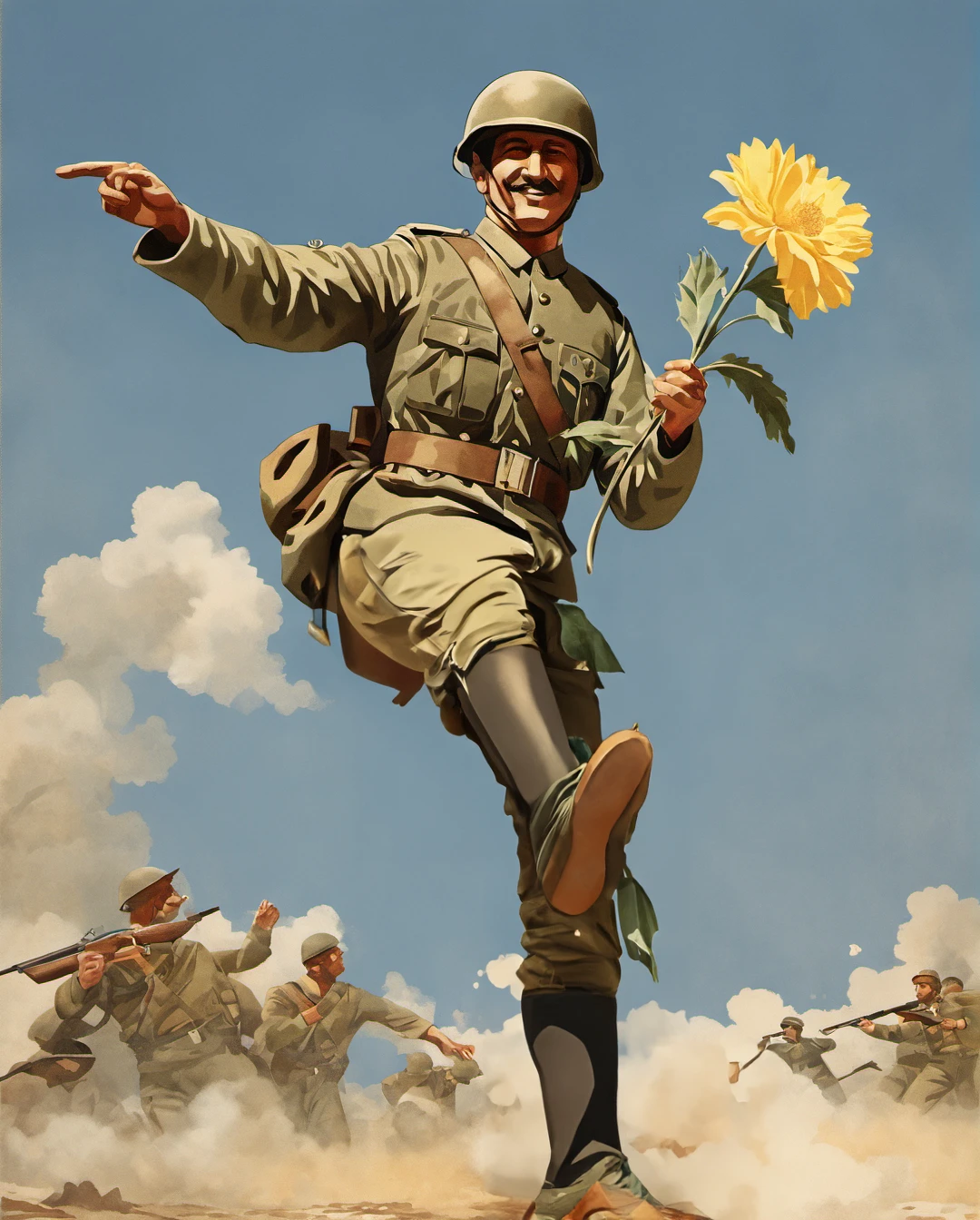 ihap hulusi görey style, illustration of a soldier throwing a flower, 8k, highly detailed, masterpiece <lora:ihap_xl:0.8>