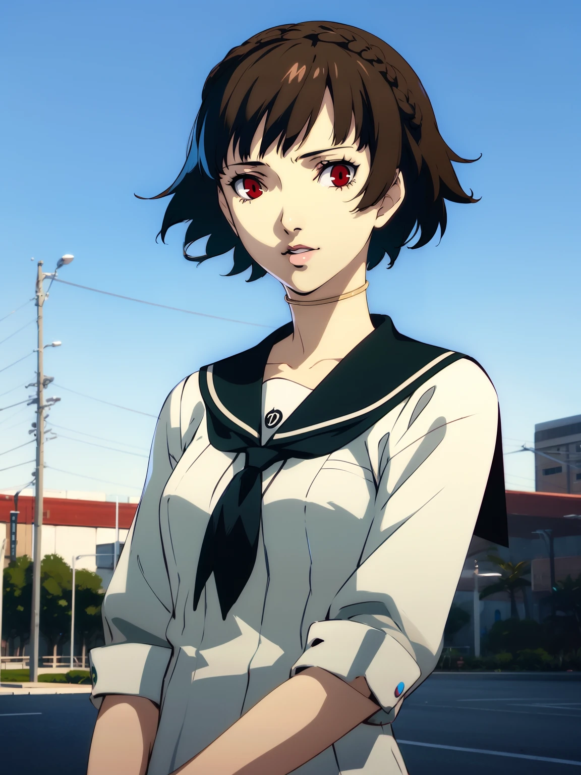 niijima makoto, 1girl, solo, brown hair, red eyes, braid, short hair, school uniform, crown braid