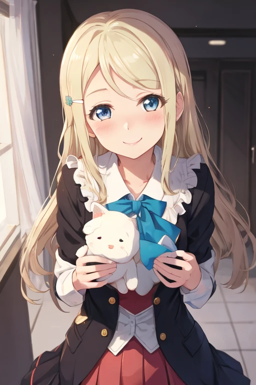 best quality, masterpiece, highres, solo, {ayase_arisa_lovelive:1.15}, blonde_hair, blue_eyes, long_hair, hair_ornament, blush, hairclip, smile