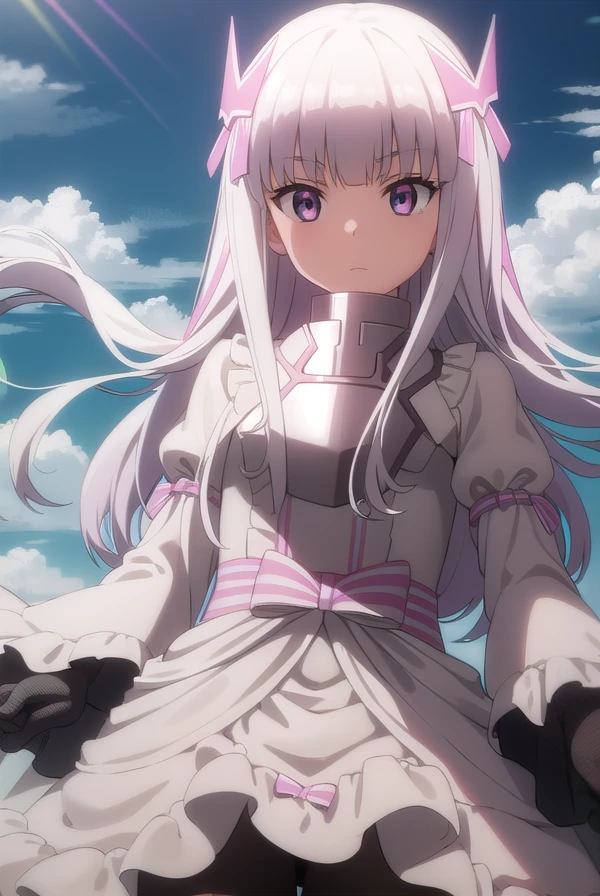 bofuriyui, <lora:bofuri yui s2-lora-nochekaiser:1>,
yui, long hair, hair ornament, white hair, bow, pink bow, vertical stripes, striped,
BREAK gloves, dress, pantyhose, puffy sleeves, white dress, long sleeves, frills,
BREAK outdoors, forest, nature, sky, sun, clouds,
BREAK looking at viewer,
BREAK <lyco:GoodHands-beta2:1>, (masterpiece:1.2), best quality, high resolution, unity 8k wallpaper, (illustration:0.8), (beautiful detailed eyes:1.6), extremely detailed face, perfect lighting, extremely detailed CG, (perfect hands, perfect anatomy),