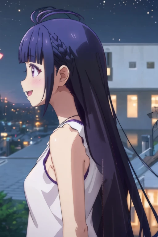 best quality, masterpiece, highres, solo, {izawa_ai_renaiflops:1.15}, long_hair, bangs, blunt_bangs, purple_eyes, braid, purple_hair, smile, black_hair, antenna_hair, 1girl, blush, night, open_mouth, upper_body, profile, sleeveless