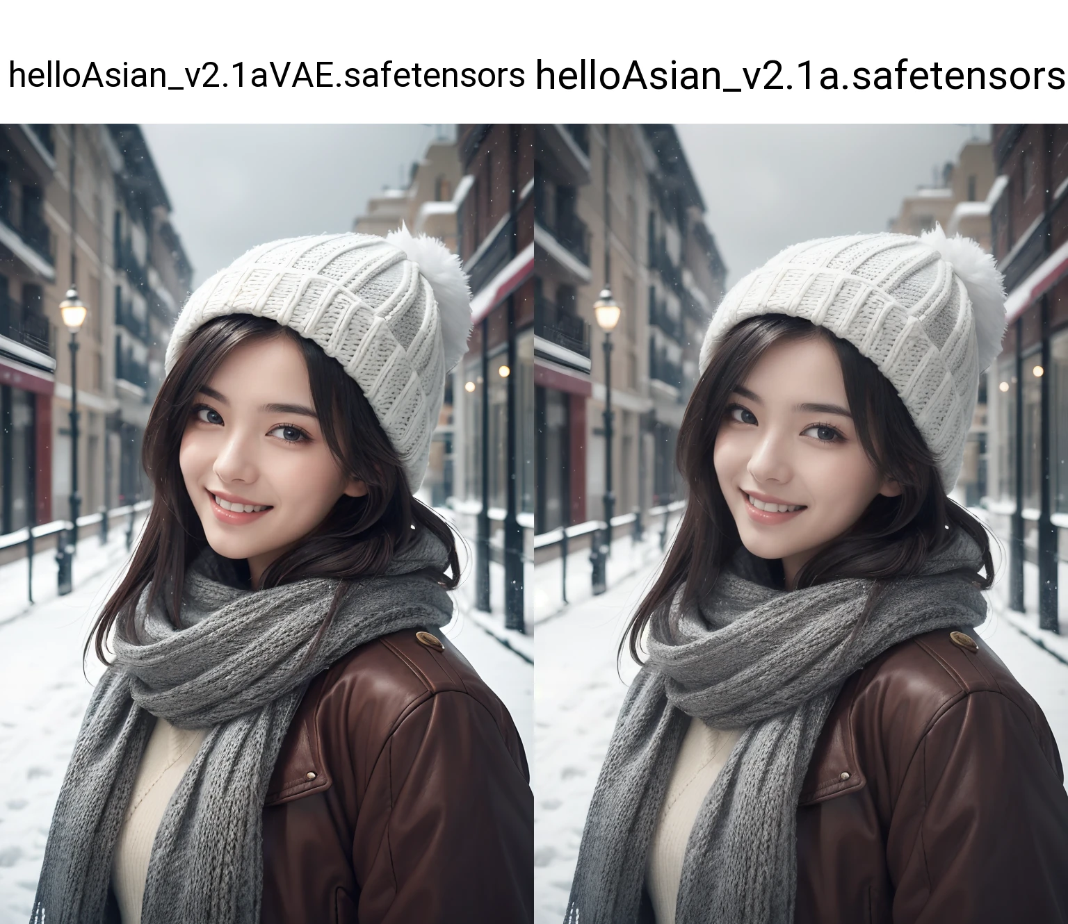 real human skin,natural skin,Candid photo of a young woman, kpop idol,age 20, wearing winter clothing with a warm scarf and a cozy hat, smiling gently, upper body framing, on a snowy street in Madrid under the soft diffused lighting of a cloudy winter day, shot at eye level on a Canon EOS 5D with a 50mm lens, in the style of Alberto Seveso, (masterpiece, best quality, hires, high resolution:1.2, 8k , high quality), extremely detailed, realistic, intricate details,