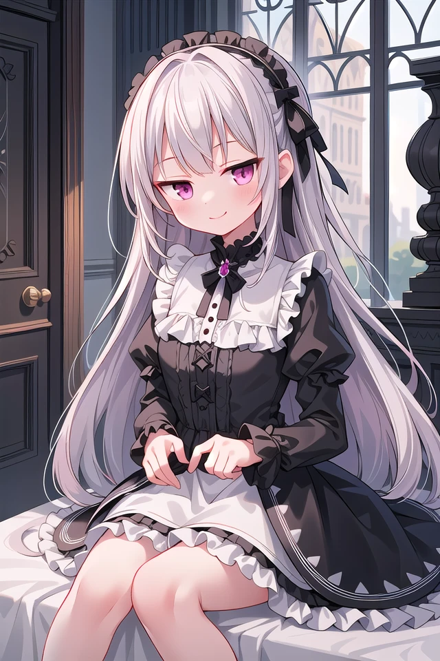 ((masterpiece:1.4, best quality)), ((masterpiece, best quality)),
one girl, cute girl, silver hair, long hair, pink eyes, smile, black gothic dress, white frill, hair dress,
indoors, castle, gothic, cute pose