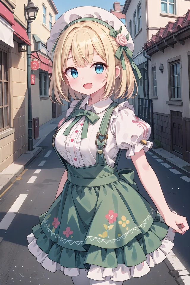 insanely detailed, absurdres, ultra-highres, ultra-detailed, best quality
BREAK
(white and light-green theme:1.4), ((gothic dress, classic and cute fashion):1.2), (light-green classic-bonnet on head:1.4), (fusion of light-green jumper-skirt and white blouse:1.5),
(light-green (overalls skirt, jumper-skirt) with white ruffles:1.4), (big light-green ribbon bow on skirt:1.4), ((short sleeves, bishop sleeves):1.3), (crinoline:1.2),
(oversized multilayer-skirt with ruffles:1.3), (white pantyhose:1.2), (Place multi-layered white ruffles on front of the skirt:1.3),
(garter belt:-1.4), (belt:-1.4), (-Metal fittings:1.4),
BREAK
(pink Detailed embroidery on skirt:1.4), (loafers:1.1),
BREAK
1 girl, solo, happy smile, laugh, open mouth,
BREAK
standing, cute pose, cowboy shot, looking at viewer,
slender, kawaii, perfect symmetrical face, ultra cute girl, ultra cute face, ultra detailed eyes, ultra detailed hair, ultra cute, ultra beautiful,
BREAK
(outdoor, in street, city, european street:1.3), ultra detailed background, (door:-1),
medium large breasts
BREAK
(blonde hair:1.3), medium hair, blue eyes