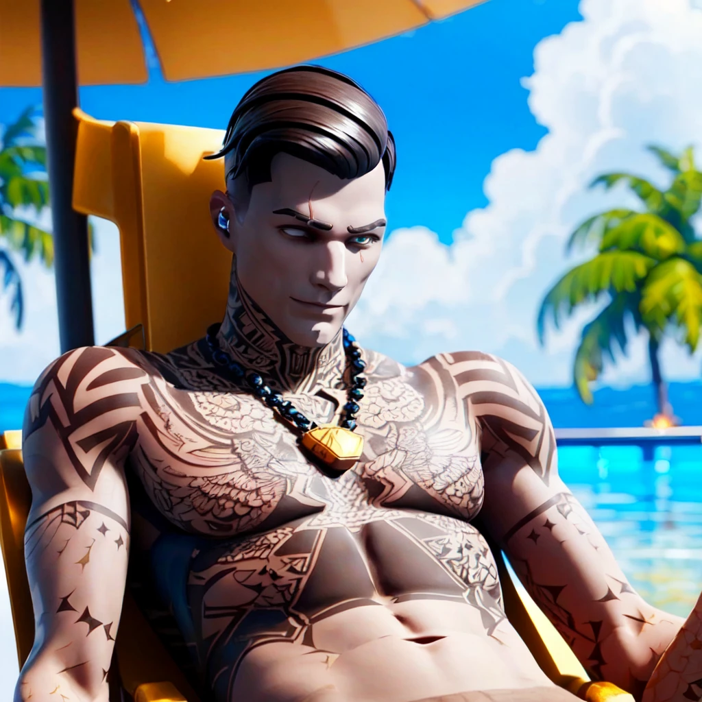 a man laying at the pool in a beachchair, palms in background (full body), high detail skin, high detail eyes, high detail hair, highres, ultra detailed:1.2, detailed pores, imperfect skin:1.2, detailed reflective shiny skin, diffused skin pores,sharpen picture, Highly detailed, masterpiece, best quality <lora:MidasLoRA:1> midas, with, tattoos, scar, and, holding, gun, ((nude))