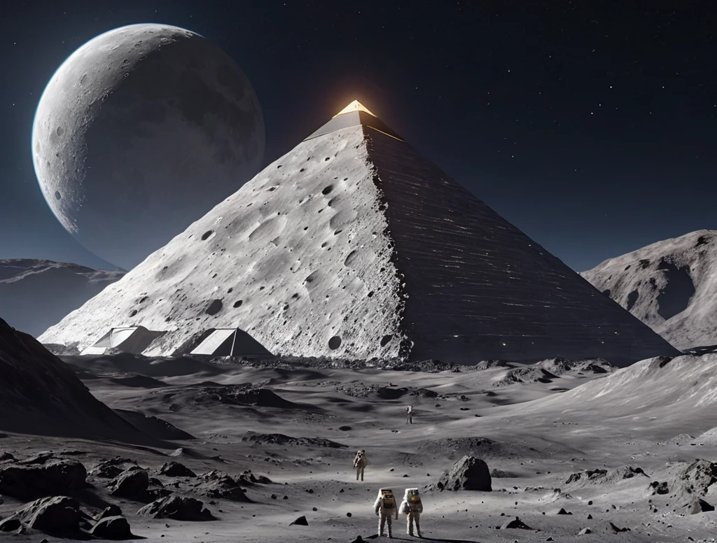 a wh1t3ng0ld style pyramid (((on the moon))), lunar landscape with craters, 8k hd high definition beautiful photography, cg award winning unreal engine render, matte painting ultra realism <lora:Unweathered_Pyramids-000006:0.6>