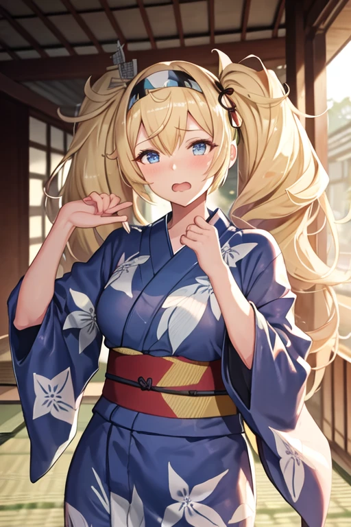 best quality, masterpiece, highres, solo, {yukata:1.40}, {kimono:1.20}, {gambier_bay_kantaicollection:1.15}, blonde_hair, long_hair, twintails, hairband, blue_eyes, breasts, large_breasts, hair_between_eyes, open_mouth, blush