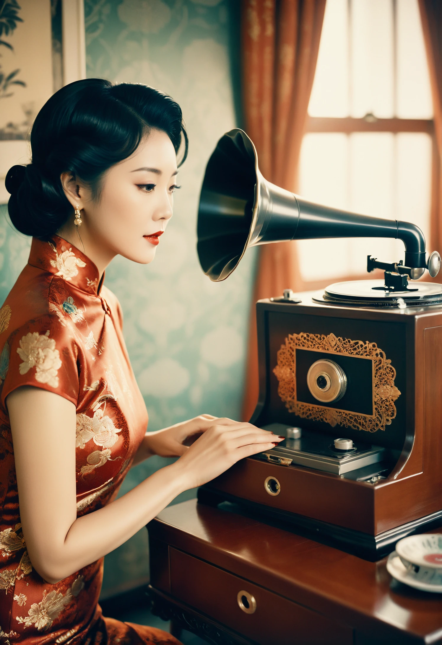 polaroid, film, graininess A Elegant and dignified woman in cheongsam interacting with a vintage-looking phonograph near a bed, insane intricate detail, head slightly tilted, Ambiguous and romantic atmosphere, indistinguishable from reality, film pellet, grain, lens flare, retro, aegyo sal