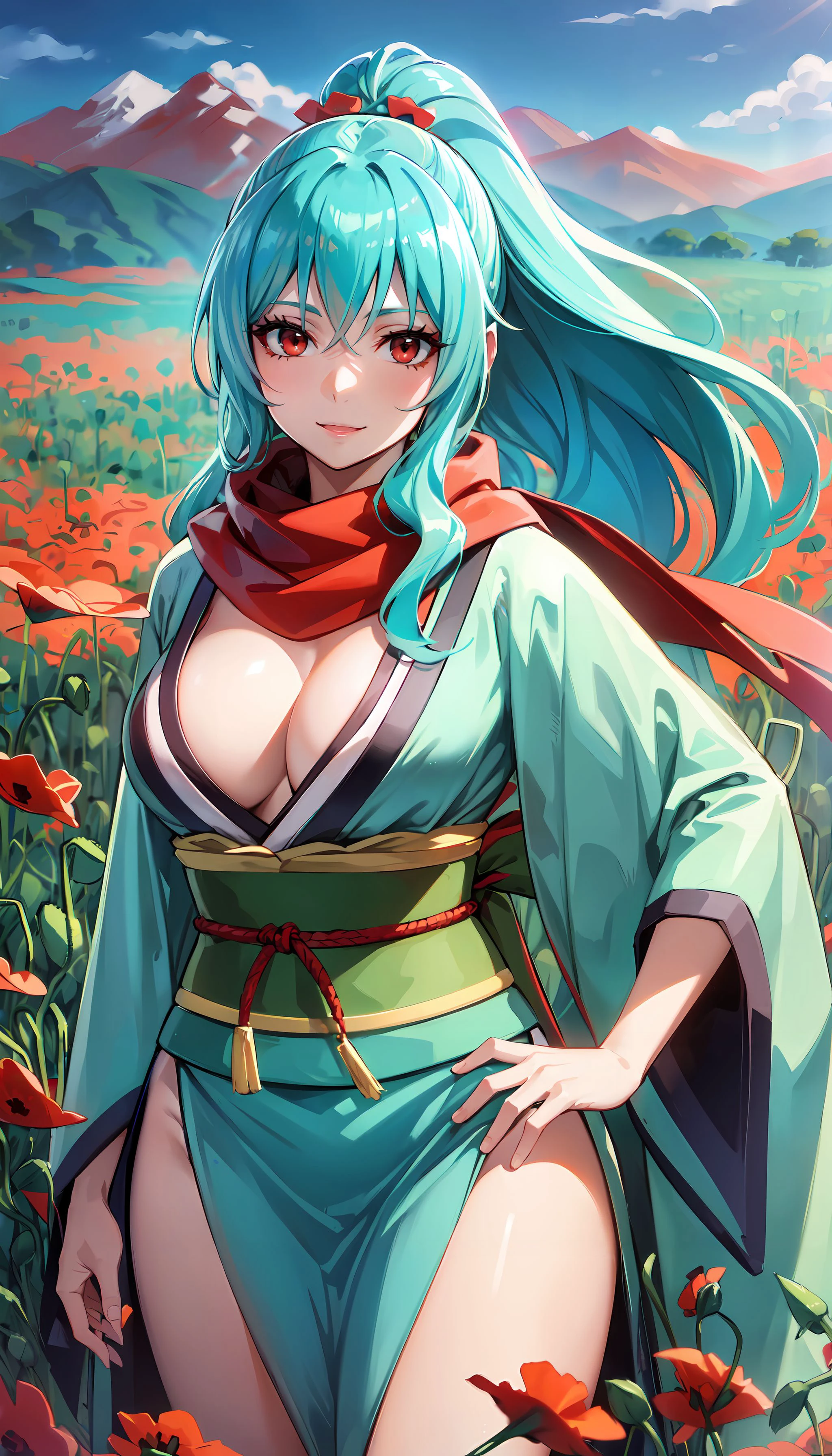 photorealistic, (4k), depth of field, (Masterpiece), (realistic skin texture), extremely detailed, intricate, hyper detailed, high resolution, professional photography, bokeh, sharp detail, best quality, woman,  <lora:Tomoe-000003:0.7> , green kimono, long hair, aqua hair, ponytail, red eyes, red scarf, large breasts, waving , open field,  (field of poppies:1.5), mountains in background,