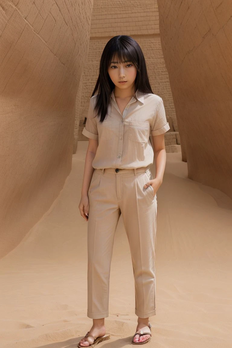 <lora:sora_izumi_obj20:0.7>, full_body, standing, sandals, (shirt), pants, (egyptian pyramids), (sora_izumi: 1.2), perfect face, (contact iris: 1.1), pale skin, skin pores , depth of field