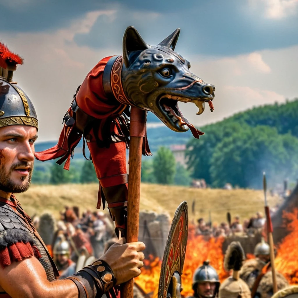 Movie scene, HDR, award winning, photo, Roman soldier holding a dacian draco covered in blood, battlefield scene in the background, burning city in the background<lora:daciandraco:1> draco, dacian, pole