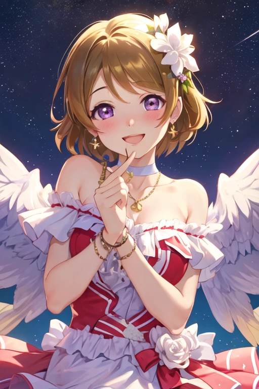 best quality, masterpiece, highres, solo, {koizumi_hanayo_lovelive:1.15}, short_hair, brown_hair, purple_eyes, smile, blush, open_mouth, hair_ornament, 1girl, flower, looking_at_viewer, choker, white_background
