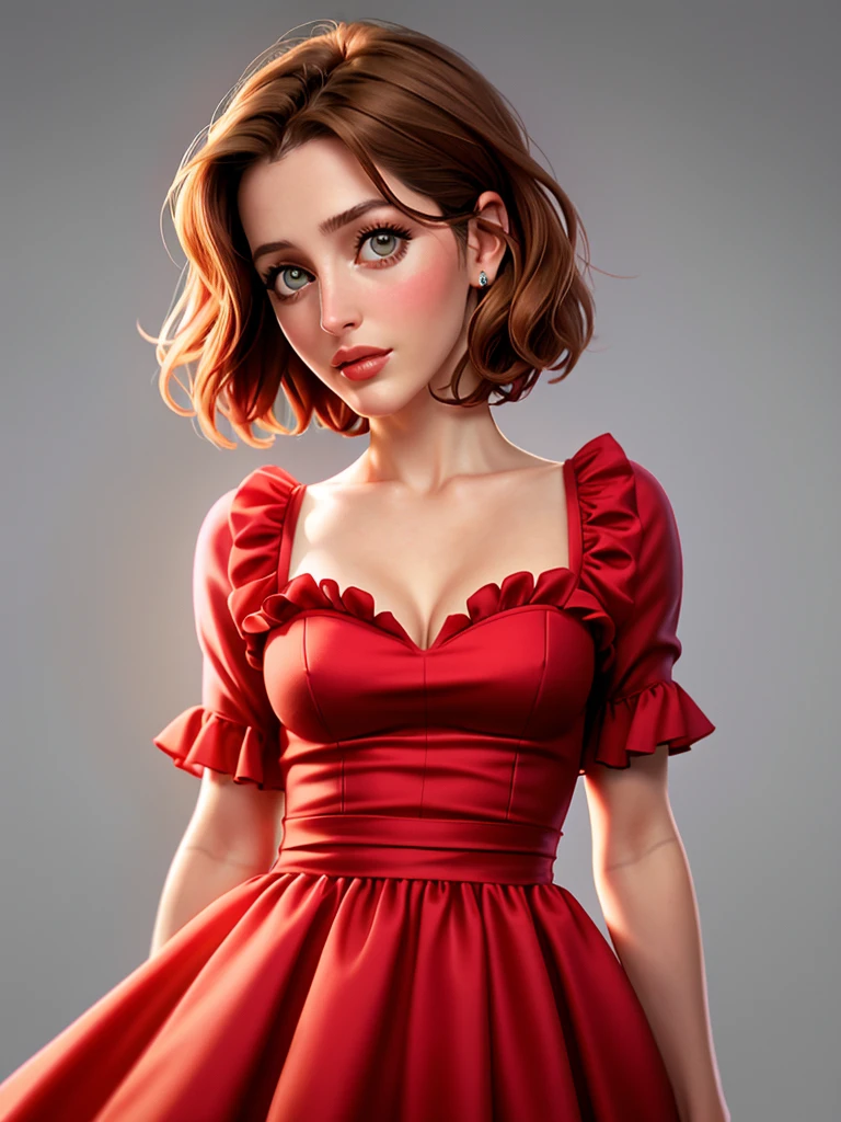 Realistic photo of a beautiful g1ll14n4 woman,1girl,solo,breasts,short hair,brown hair,dress,medium breasts,grey background,lips,head tilt,red dress,realistic,soft lighting, professional Photography, Photorealistic, detailed, RAW, analog, sharp focus, 8k, HD, high quality, masterpiece<lora:g1ll14n4:1.0>