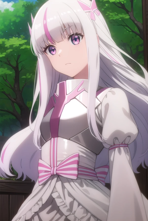 bofuriyui, <lora:bofuri yui s2-lora-nochekaiser:1>,
yui, long hair, hair ornament, white hair, bow, pink bow, vertical stripes, striped,
BREAK gloves, dress, pantyhose, puffy sleeves, white dress, long sleeves, frills,
BREAK outdoors, forest, nature, sky, sun, clouds,
BREAK looking at viewer,
BREAK <lyco:GoodHands-beta2:1>, (masterpiece:1.2), best quality, high resolution, unity 8k wallpaper, (illustration:0.8), (beautiful detailed eyes:1.6), extremely detailed face, perfect lighting, extremely detailed CG, (perfect hands, perfect anatomy),