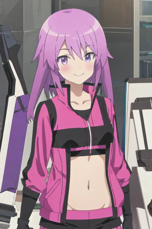 best quality, masterpiece, highres, solo, {hirasaka_yotsuyu_alicegearaegisexpansion:1.15}, purple_hair, purple_eyes, long_hair, blush, 1girl, midriff, navel, short_hair, weapon, gloves, looking_at_viewer, smile