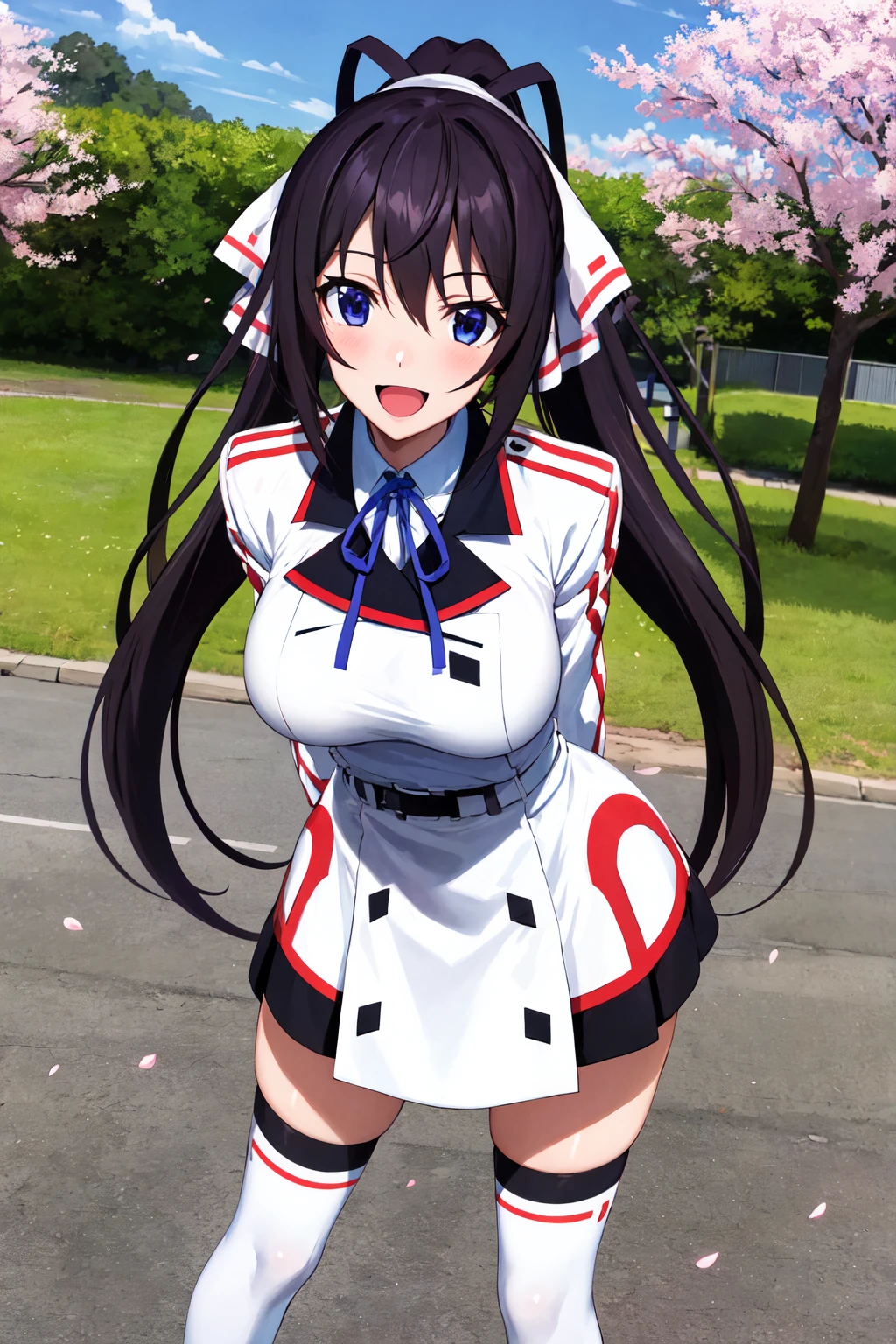 masterpiece, best quality, highres, aahouki, very long hair, black hair, high ponytail, split ponytail, hair ribbon, white ribbon, large breasts, school uniform, neck ribbon, white jacket, white dress, long sleeves, white thighhighs, <lora:shinonono_houki_v1:0.7>, arms behind back, standing, leaning forward, outdoors, cherry blossoms, smile, open mouth,