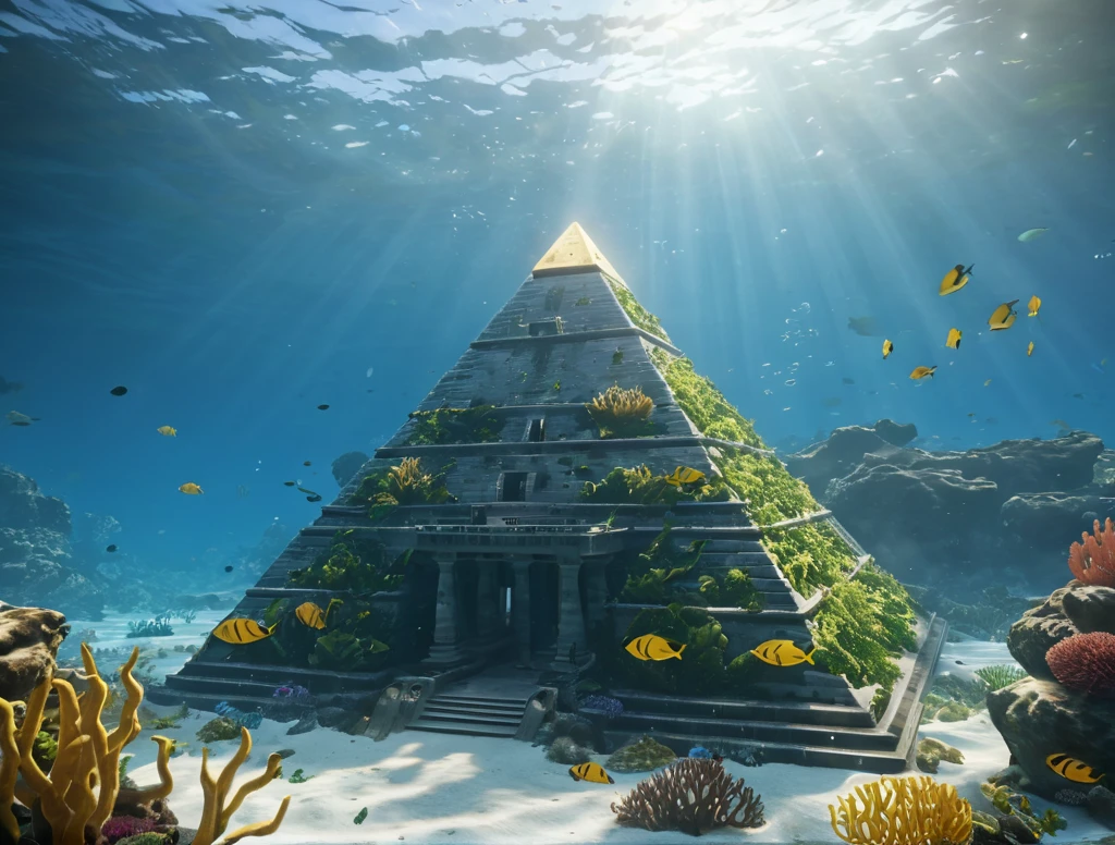 a wh1t3ng0ld style pyramid underwater, atlantis surrounded by kelp and corals, 8k hd high definition beautiful photography, cg award winning unreal engine render, matte painting ultra realism <lora:Unweathered_Pyramids-000006:0.6>